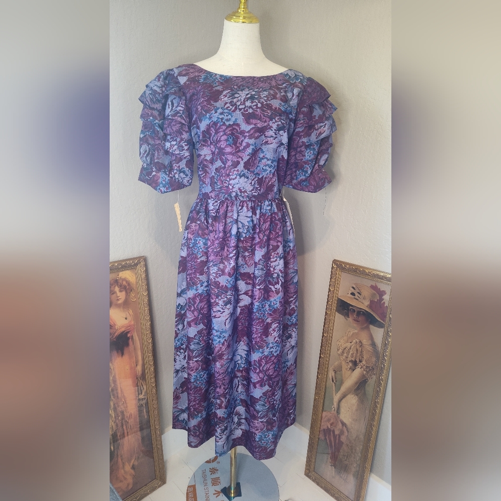 1980s Lanz Originals Chic Purple and Blue Floral Midi Dress New old Stock